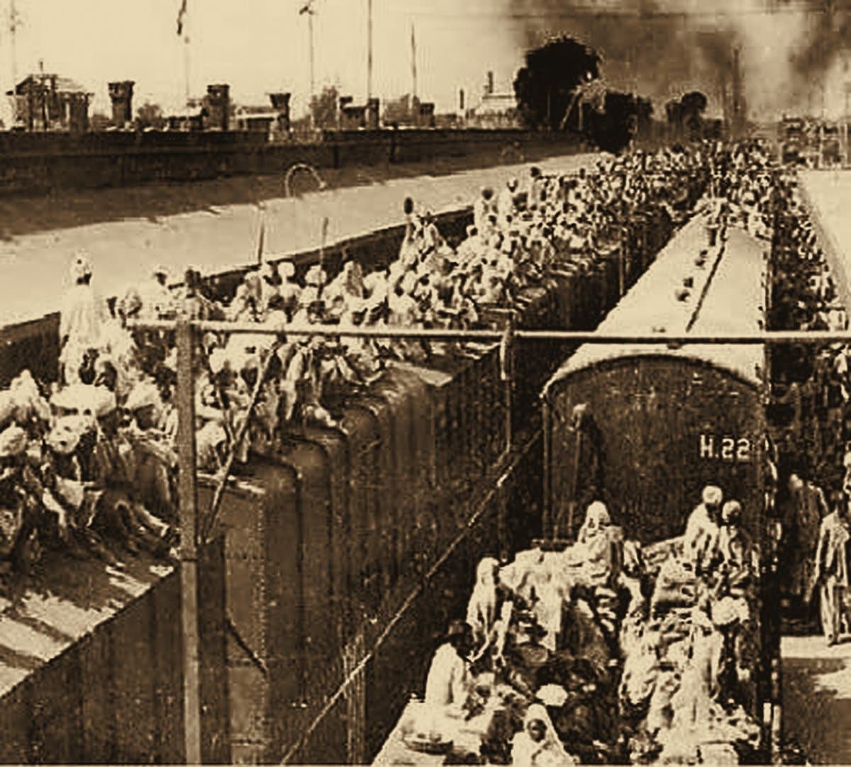 Refugee trains crowded in a rail yard, 1947