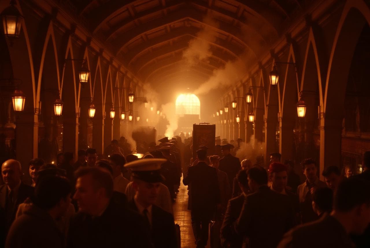 A crowded railway platform, 1947
